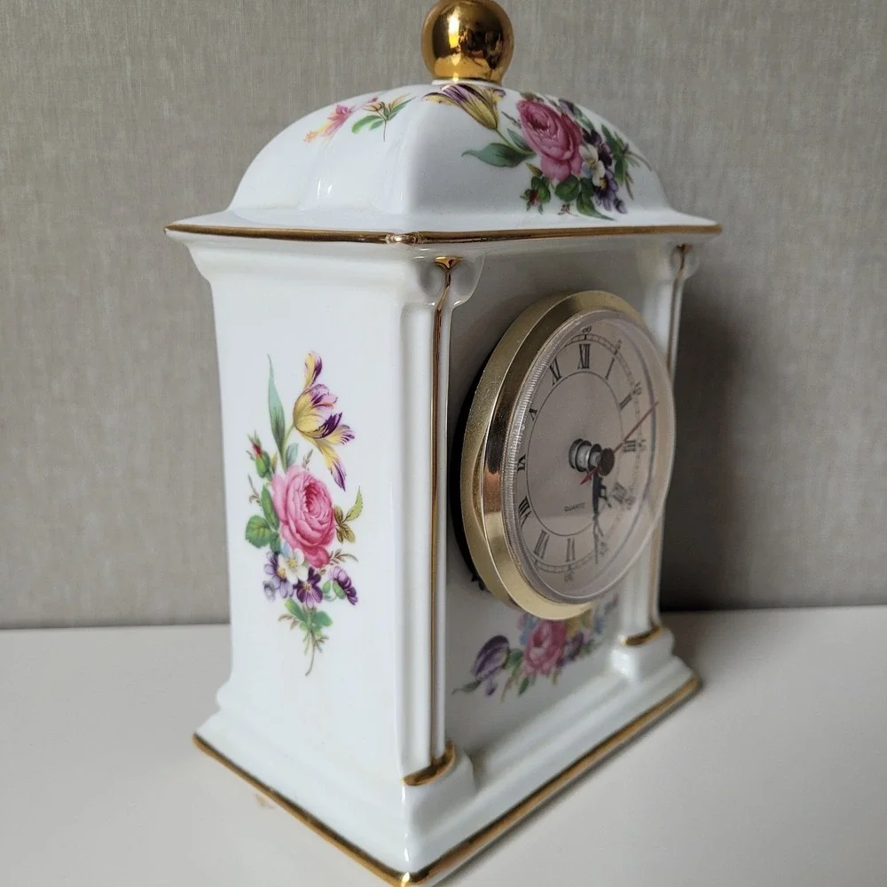 Vintage Porcelain Mantel Clock - Floral Chintz & Gold Trim - Tested & Working